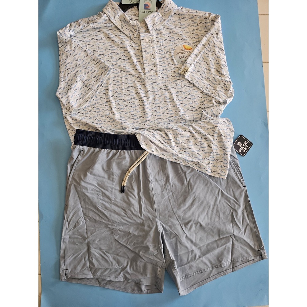 Laguna Swim Men's 2 Piece Set Fish Print‎ Short Sleeve Shirt & Shorts UPF 40+